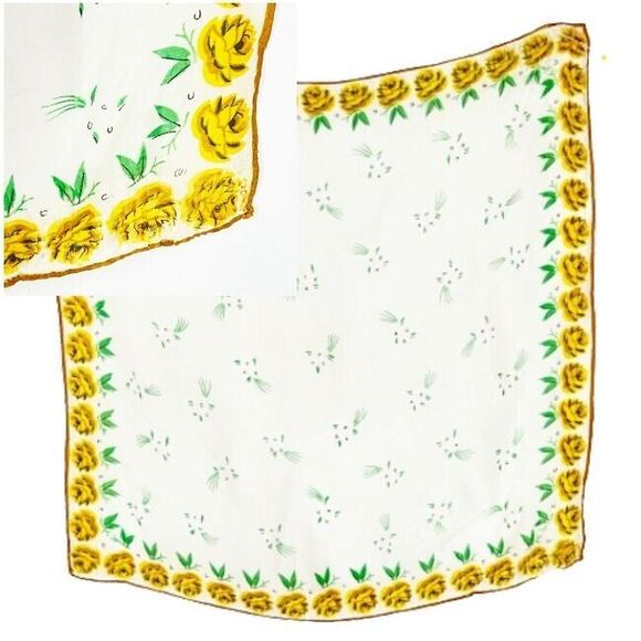 Beautiful SILK Scarf Yellow Roses Hand Rolled Edges 16" Square - Picture 1 of 4